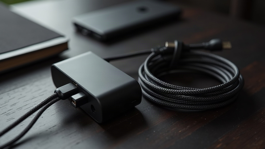 Vikn Arc 65 charger, Weave C2C cable and Flow 10K power bank arranged on a dark desk
