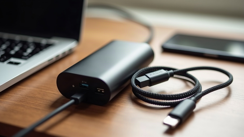 A black GaN charger and braided cable on a wooden desk