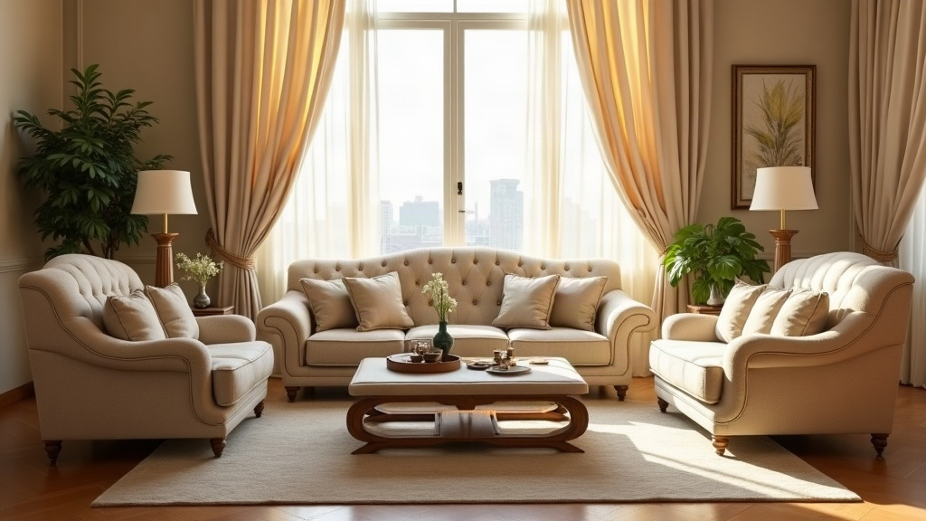 Elegant Saudi living room with a custom sofa and curtains